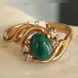 Designer Dolphin Ore 18K Gold Plated Ring • Genuine Malachite & CZ • Vintage